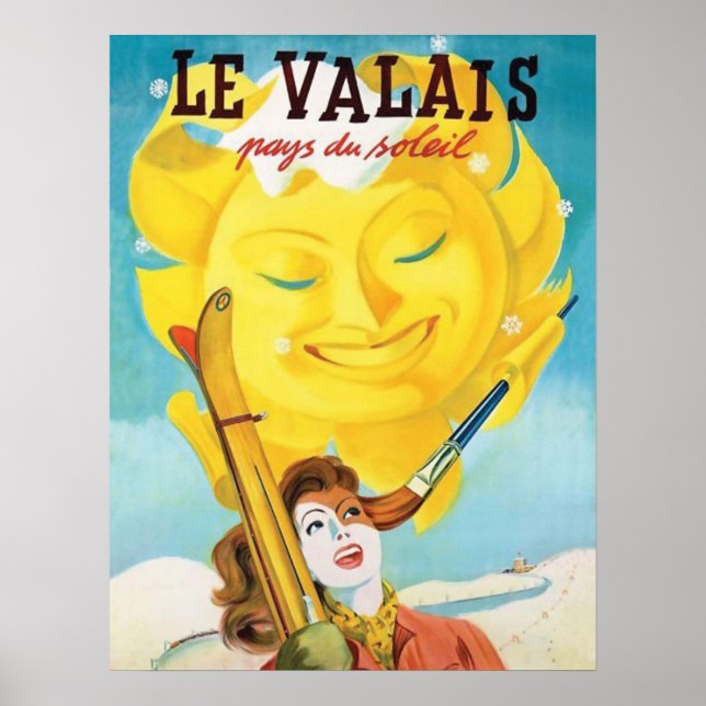 Poster Valais, mulher com esqui sob sol suave (Frente)