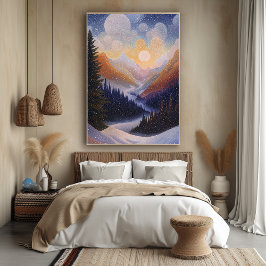 Poster Vale da Montanha de Inverno em Estilo Pontilhista