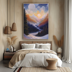 Poster Vale da Montanha de Inverno em Estilo Pontilhista