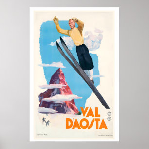 Poster Vale de Aosta Itália Cartaz de Esqui Vintage