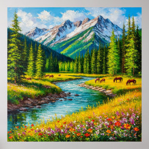 Poster Vale Montanhoso Pitoresco com Riacho