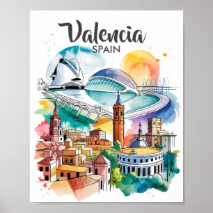 Poster Valência Paisagem Urbana Aquarela Viagem Personali