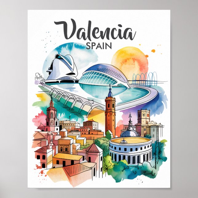 Poster Valencia Spain Cityscape Watercolor Travel Custom (Frente)