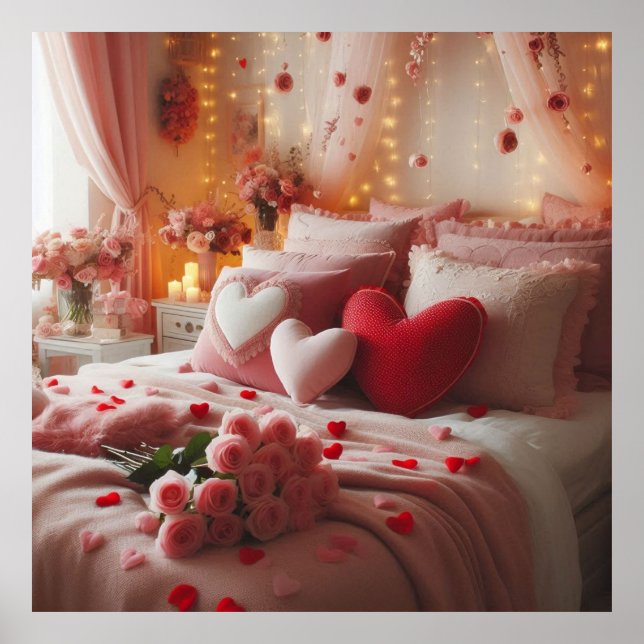 Poster Valentine's Day Bedroom Decorated With Hearts on a (Frente)