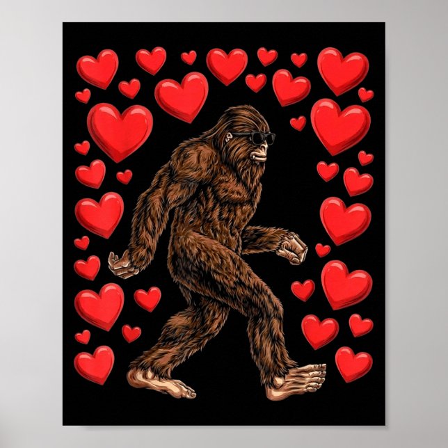 Poster Valentines Day Bigfoot Red Hearts Funny Sasquatch  (Frente)