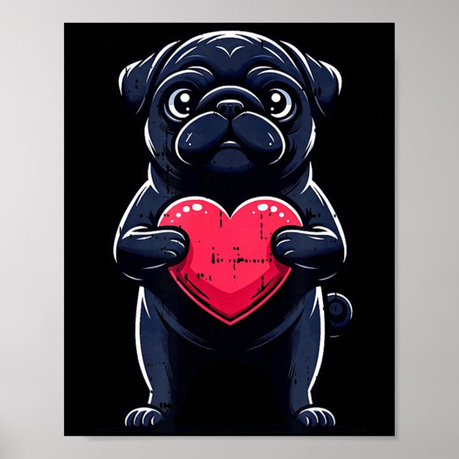 Poster Valentines Day Black Pug Heart Funny Dog Mom Dad F (Frente)