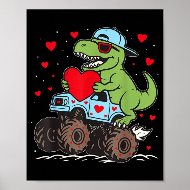 Poster Valentines Day T Rex Riding Monster Truck Funny To (Frente)