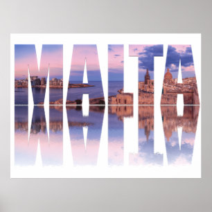Poster Valletta old town and harbor Malta text reflection