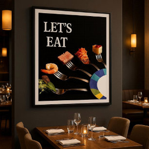 Poster Vamos Comer Comida com Garfos Cartaz Preto Moderno