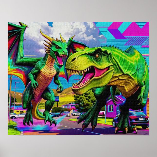 Poster Vamos Jogar - Dragão Verde e Dinossauro (Frente)