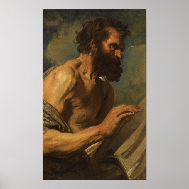 Poster Van Dyck - Estudo de um homem barbado com mãos lev (Frente)