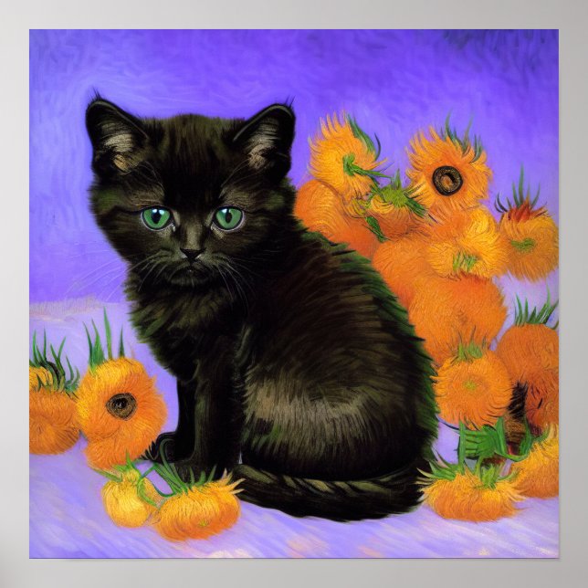 Poster Van Gogh Black Kitten com Girassóis (Frente)