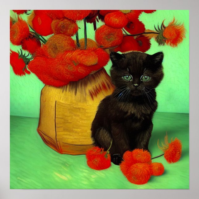 Poster Van Gogh Black Kitten Red Flowers (Frente)