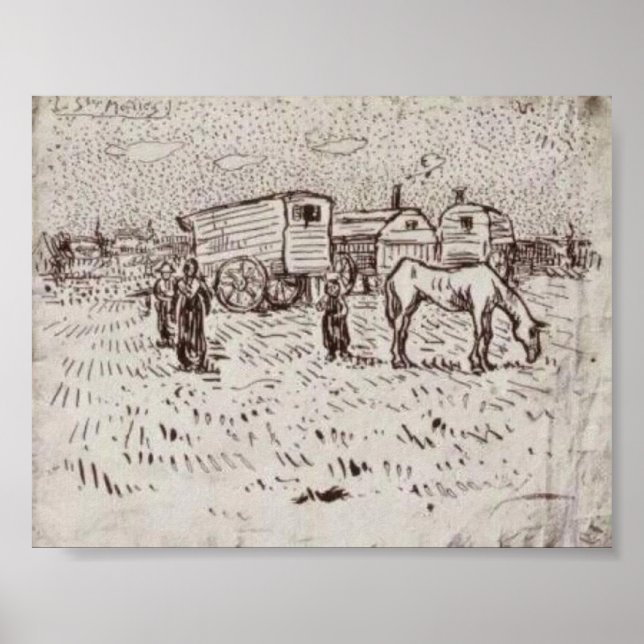 Póster Van Gogh - Ciganos em Saintes-Mários (Frente)