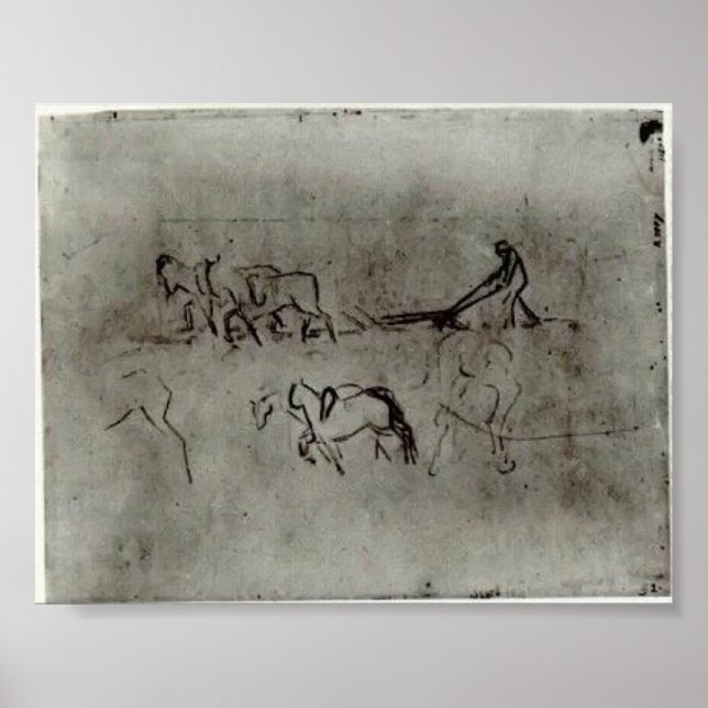 Póster Van Gogh - Desenhos de Camponeses a Soprar com Cav (Frente)