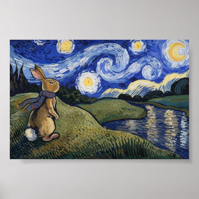 Poster Van Gogh está na Noite Estrelada com Bunny (Frente)