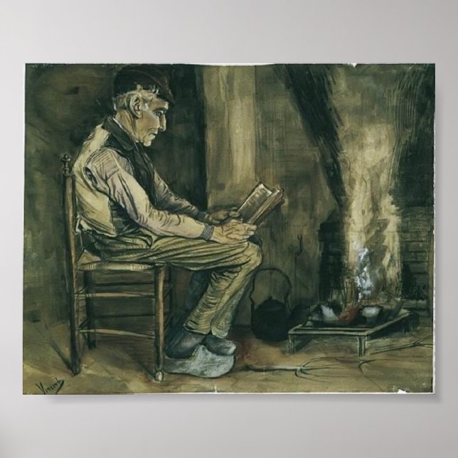 Póster Van Gogh - Farmer sentado à lareira, lendo (Frente)
