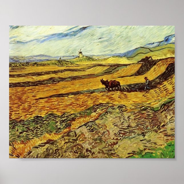 Póster Van Gogh - Field and Ploughman and Mill (Frente)