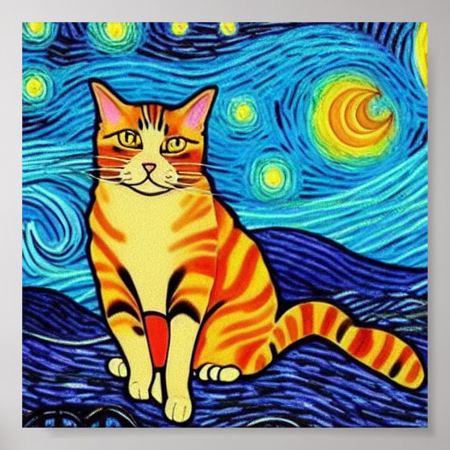 Poster Van Gogh, gato noturno estrelado (Frente)