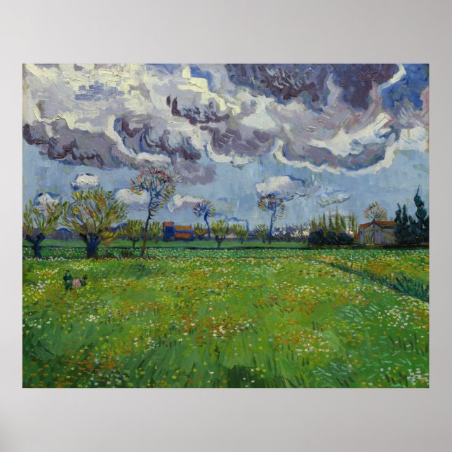 Poster Van Gogh Meadow com flores sob um céu tempestuoso (Frente)