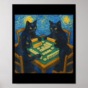 Poster Van gogh noite estrelada gato jogando mahjong chin