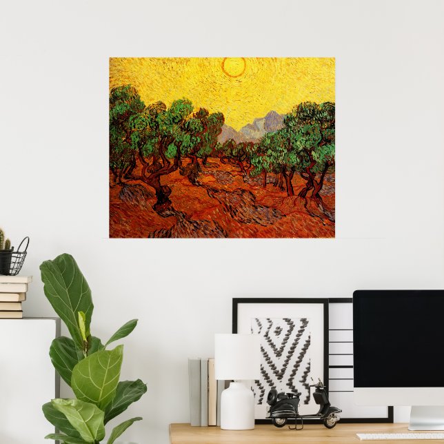 Póster Van Gogh Olive Trees com Céu Amarelo e Sol (Escritório em casa)