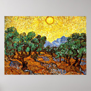 Póster Van Gogh - Oliveiras com Céu Amarelo e Sol