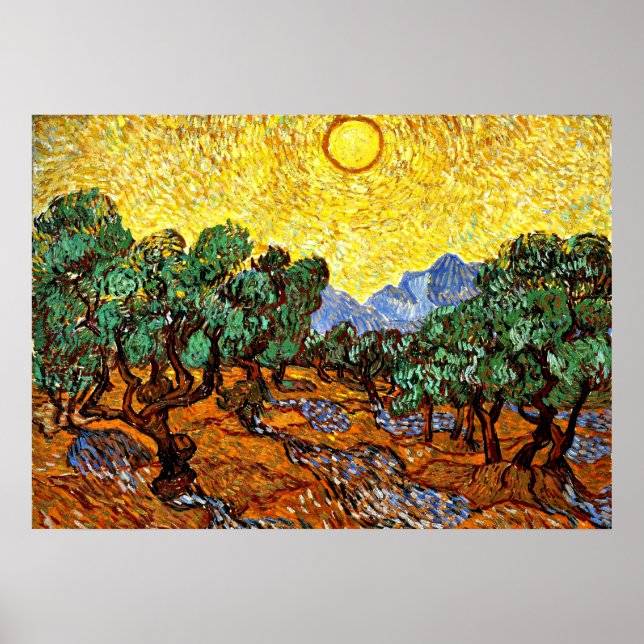 Póster Van Gogh - Oliveiras com Céu Amarelo e Sol (Frente)