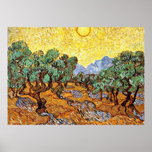 Póster Van Gogh: Oliveiras com Céu Amarelo e Sol (Frente)