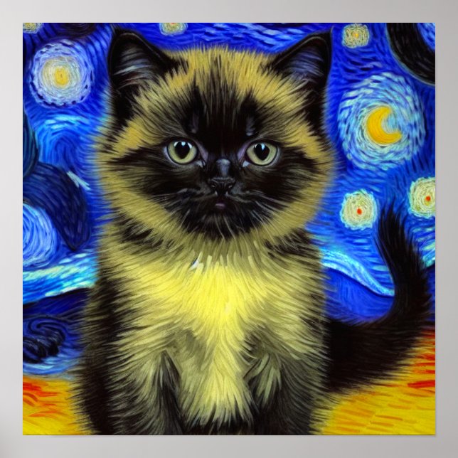 Poster Van Gogh Starry Night Siamese Cat (Frente)