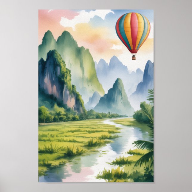 Poster Vang Vieng Laos Travel Watercolor Painting (Frente)