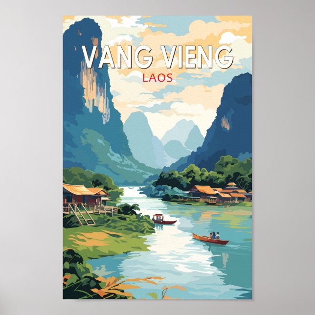 Poster Vang Vieng Laos Viagem Art Vintage (Frente)