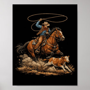 Poster Vaqueiro Antigo Laçando Bezerro Rodeio País Oeste