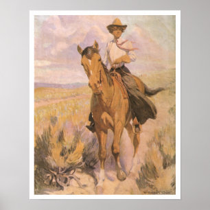 Póster Vaqueiro da vaqueira do vintage, mulher no cavalo