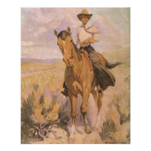 Póster Vaqueiro da vaqueira do vintage, mulher no cavalo