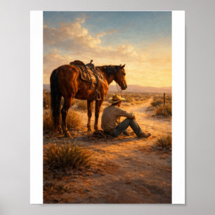 Poster Vaqueiro e cavalo ao pôr do sol