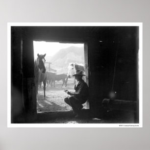 Póster Vaqueiro em uma entrada com cavalos