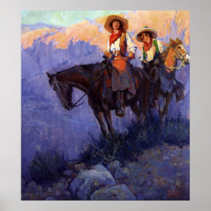 Póster Vaqueiros do vintage, homem e mulher em cavalos,