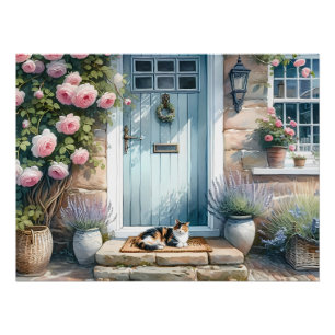 Póster Varanda Floral Cottagecore com Gato Calico