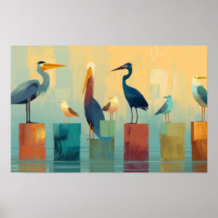 Poster Várias aves marinhas presas em estacas