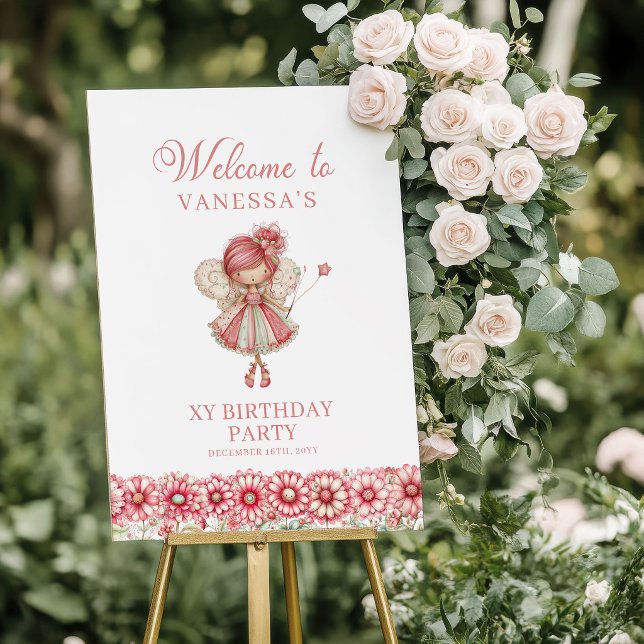 Poster Varinha Mágica de Flores de Borboleta Rosa 6º Aniv (Magical Blush Fairy Flowers 6th Birthday Welcome Sign)