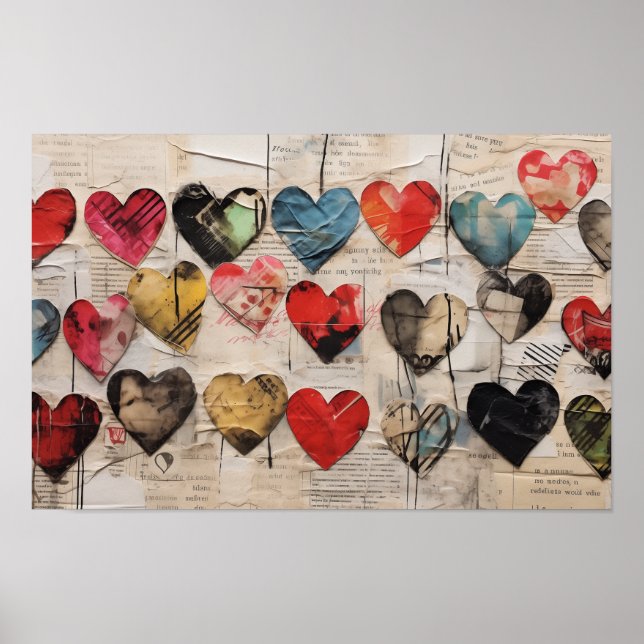 Poster Vários corações com texturas de papel colage (Frente)