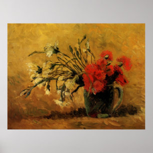 Póster Vase com cravos vermelhos e brancos