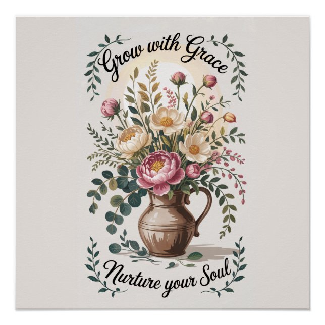 Póster Vase Com Florais Cresce Com A Citação Da Graça (Frente)