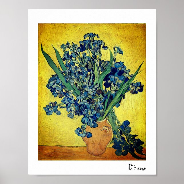 Poster Vase com íris contra um dorso amarelo (Frente)