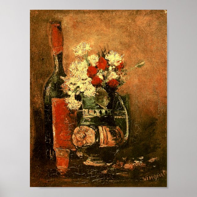 Póster Vase com Rosas de cravos e garrafa Van Gogh Fine (Frente)