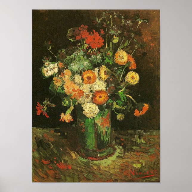 Póster Vase com Zinnias e Geraniums Van Gogh Fine Art (Frente)