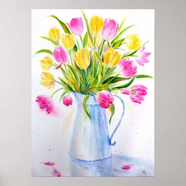 Póster Vase de Aquarela das Tulipas (Frente)