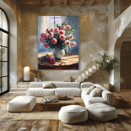 Poster Vase de Rosas Rosa por Janela - Arte Impressionist