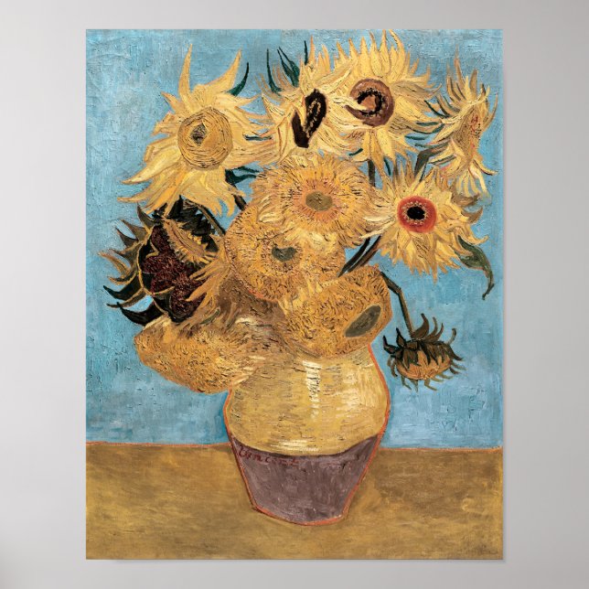 Poster Vase de Vincent van Gogh com Doze Girassóis (Frente)